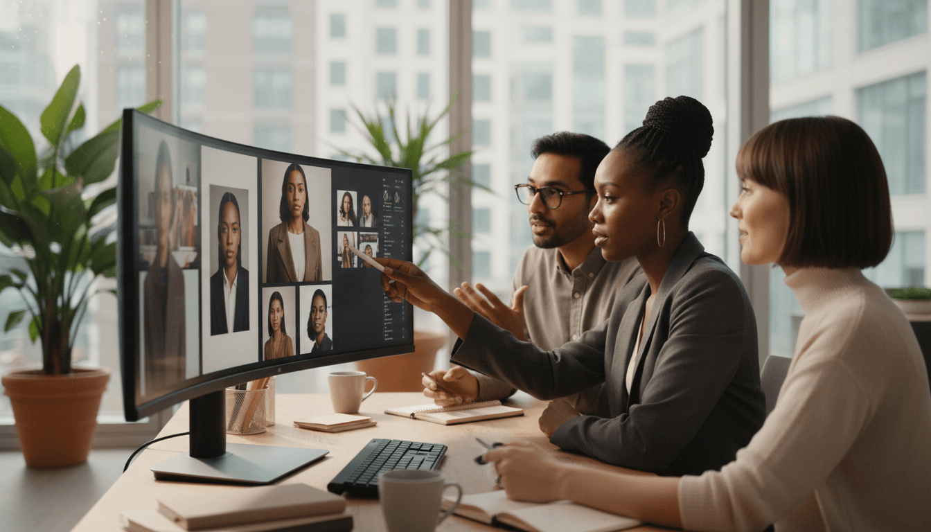 Team reviewing AI-generated portraits on a monitor inside a modern office