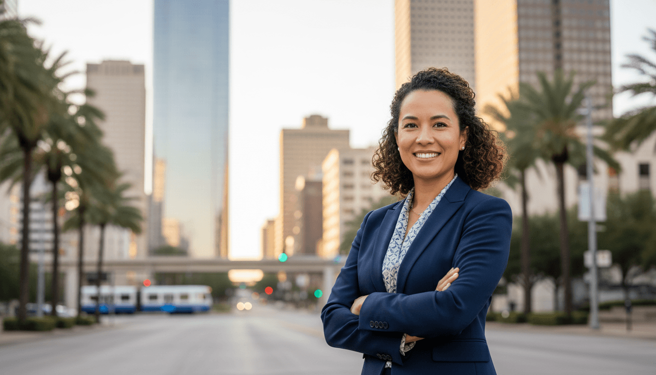 Professional headshot example showcasing Downtown Houston neighborhood style in Houston